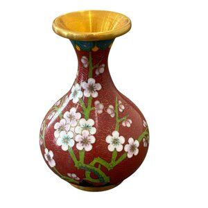 Vintage Chinese Cloisonné Vase With Cherry Blossom Design Red Gold Trim